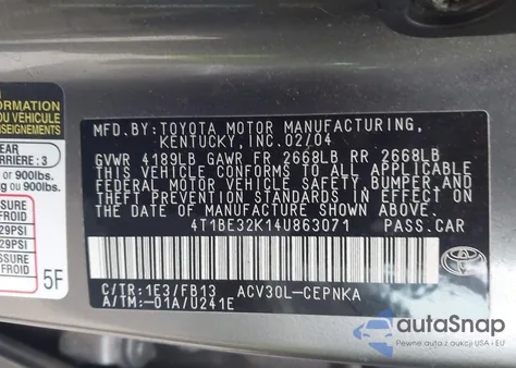 2004 Toyota Camry Le z USA, uszkodzony, nr VIN 4T1BE32K14U863071